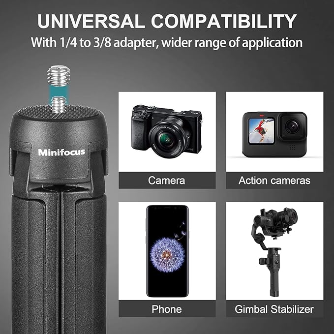 MINIFOCUS Camera Tripod, Desktop Tabletop Stand Compact Tripod with 1/4" Screw, Phone Tripod Stand for Gimbal Stabilizer Webcam Phone Holder Selfie Stick and All DSLR Cameras