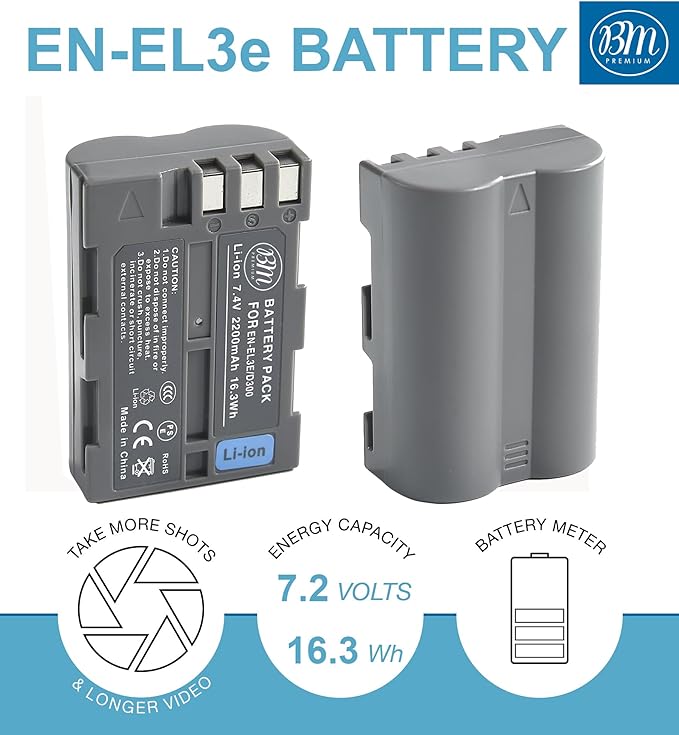 BM Premium 2 Pack of EN-EL3e Batteries and Battery Charger for Nikon D50, D70, D70s, D80, D90, D100, D200, D300, D300S, D700, MH-18, MH-18a, MH-19, MB-D200, MB-D10 Cameras