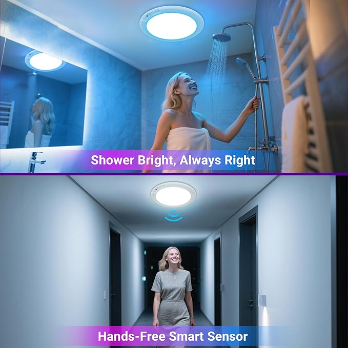 Shower Lights for Inside Shower - 1 Pack Rechargeable Ceiling Light with Remote, Color Changing & White Timing Light, Motion Sensor Battery Powered Shower Lamp for Bathroom Closet Patio