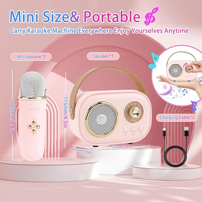 Mini Karaoke Machine for Kids,Portable Bluetooth Speaker with 2 Wireless Microphone,Toys for Girls Boys Gifts,Retro Speaker Set Stereo Sound Enhanced Bass for Home Party Birthday (Pink)