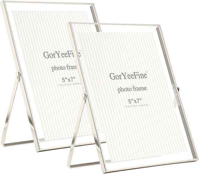6x8''Silver Floating Photo Frame Set of 2, For Photo Sizes (4x6'' 5x7''), Metal beaded Edge 5x7 floating Picture Frames silver for Tabletop/Shelf, Classy Gift Choice for Wedding