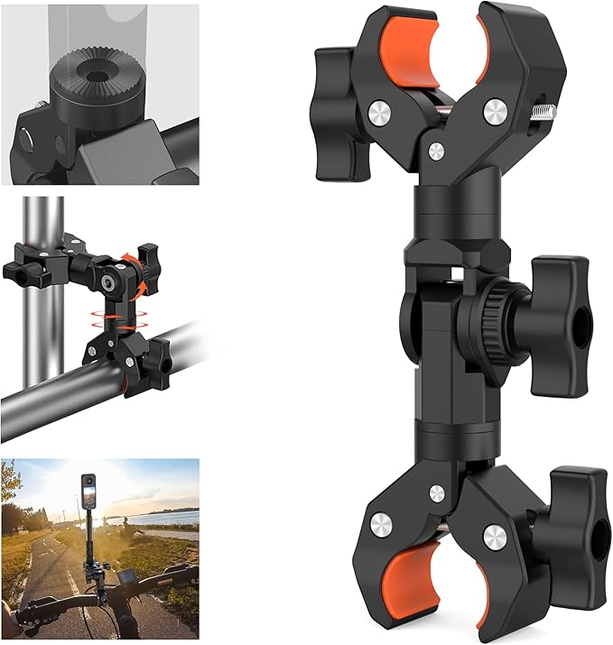 Double Clamp Mount Bracket Magic Arm with 1/4" Screw Interface, Double Super Camera Umbrella Clamp for Chair, Strollers, Photo Studio Light Stand, Motorcycle, Poles, Photography Reflector, Flag
