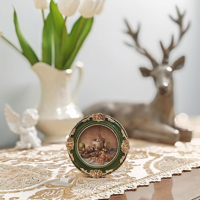 Vintage Picture Frames 3x3 Ornate Green and Gold Antique Pictue Frames with Real Glass Cover for Wall & Tabletop Display Victorian Home Decor Gallery Wall Decor,Round