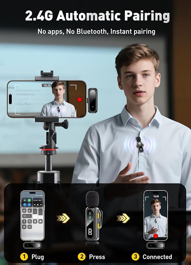 Wireless Microphone for iPhone, iPad, Android, Mini Microphones with LED Indicator & Noise Reduction, Magnetic Clip on Lavalier Microphone for Interview Video Recording Podcast YouTube Tiktok Vlogging