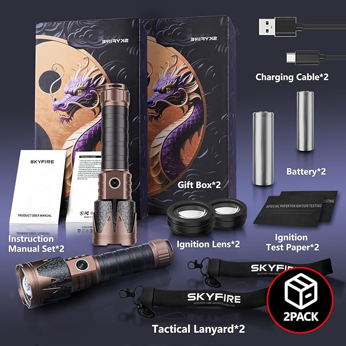 SKYFIRE Rechargeable Flashlights High Lumens 2 Pack with Ignition Lens,8000mAh Mini Bright Tactical Torch with 6 Modes Waterproof Zoomable LED Flash Light for Camping Essentials Outdoor Home Emergency