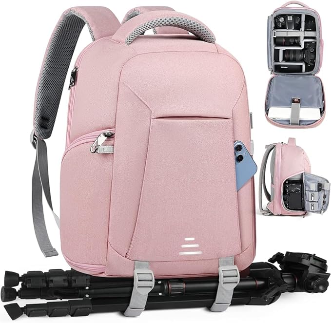 RAINSMORE Camera Bag Professional DSLR SLR Mirrorless Photography Camera Backpack 14 Inch Waterproof Camera Case With Tripod Holder&Laptop Compartment for Canon Nikon Sony for Photographers Pink