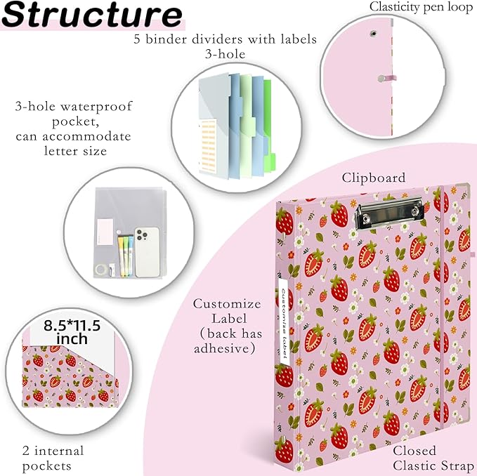 Etzul 3 Ring Binder 1 inch with Clipboard - Pink Strawberry Design, Includes Dividers, File Bag & Spine Label - Cute and Practical for Students and Organizers, Holographic Waterproof Film