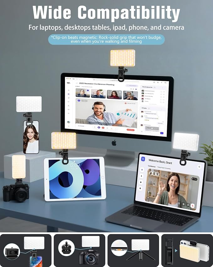 168 LED Portable Selfie Light Video Conference Light with Front & Back Clip, Rechargeable 3 Light Modes for Phone, iPhone, Android, iPad, Camera, Laptop, Makeup, Tiktok, Vlog(White)