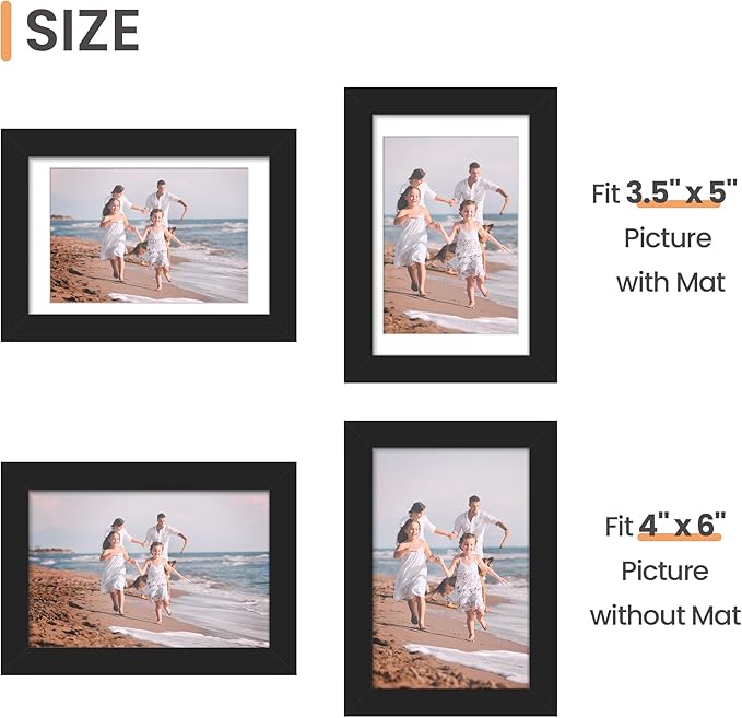 upsimples 4x6 Picture Frame Set of 10, Display Pictures 3.5x5 with Mat or 4x6 Without, Multi Photo Frames Collage for Wall or Tabletop Display, Black