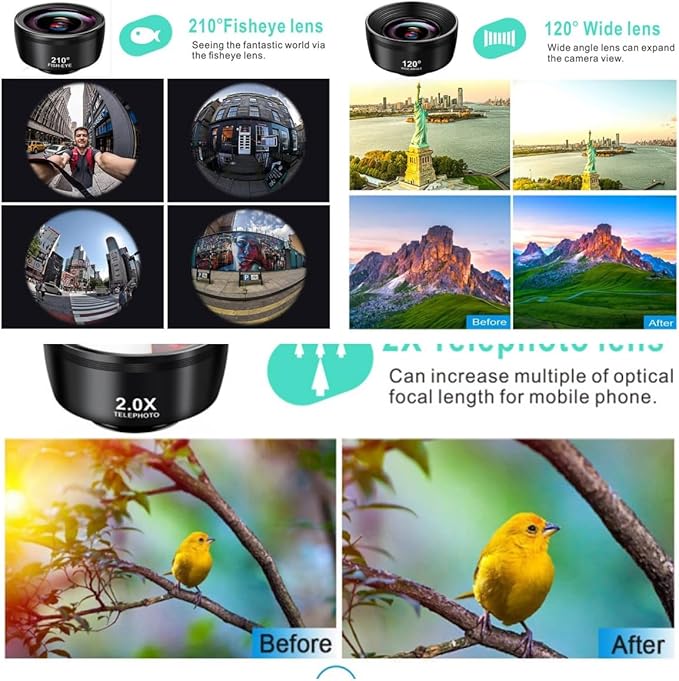 3-in-1 Phone Camera Lens Kit – 210° Fisheye Lens, 120° Wide Angle Lens, 20X Macro Lens for iPhone, Samsung & Android Smartphones – HD Optical Glass, Universal Clip, Portable Case (Black) (3 in 1)