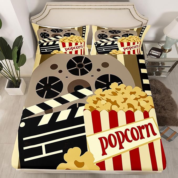Erosebridal Retro Film Cinema Queen Size Bed Sheets Set for Kids Teens Adults,Delicious Popcorn Sheet Set,Movie Theater Film Sheets,Vintage 70s 80s Flat Fitted Sheet with 2 Pillowcases Luxury Soft