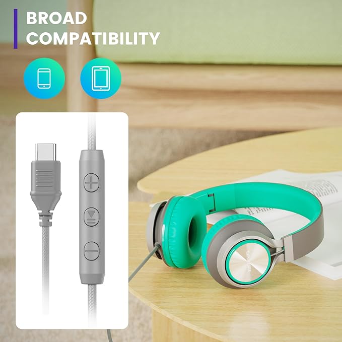 USB C Headphones Wired with Microphone Tangle-Free Plaiting Line,Over Ear Headphones,Lightweight Foldable for School/Travel/Zoom/iPhone 17/16/15, Samsung Galaxy S25/S24, Google Pixel 9, Ideal Gift
