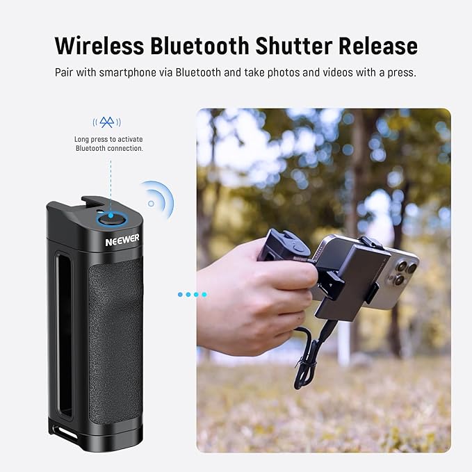 NEEWER Bluetooth Side Handle Shutter Release with 2.2"-3.2"/55-82mm 360° Phone Clamp & SSD Holder, Cold Shoes, 100mAh Rechargeable Battery Compatible with iPhone Samsung T5/T7/T9 SSD, PA028E