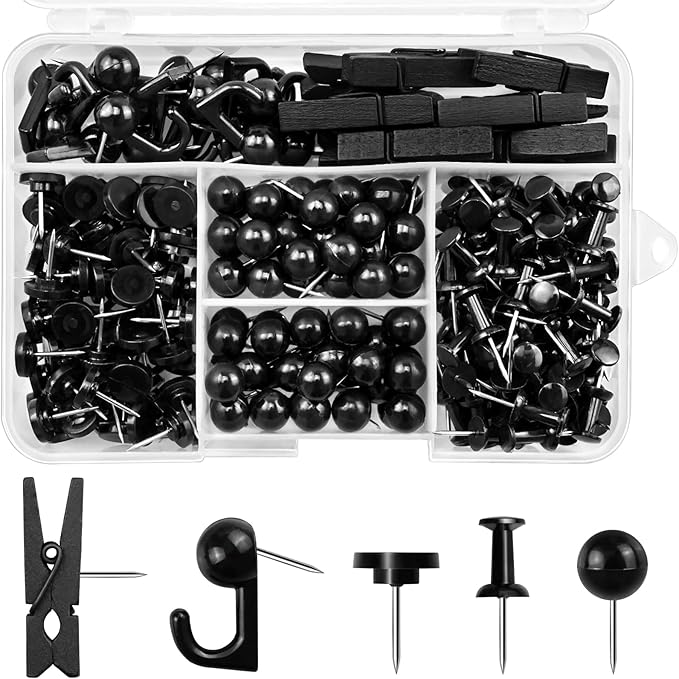 260 Pcs Push Pins Set 5 Styles Black Thumb Tacks Cute Push Pins for Bulletin Board, Cork Board