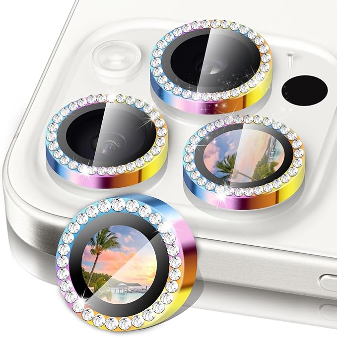 Camera Lens Protector Bling Compatible for iPhone 16 Pro/iPhone 16 Pro Max,9H Tempered Glass Camera Cover Screen Protector,HD Clear,Aluminum Alloy Ring Decoration (Diamond Color)