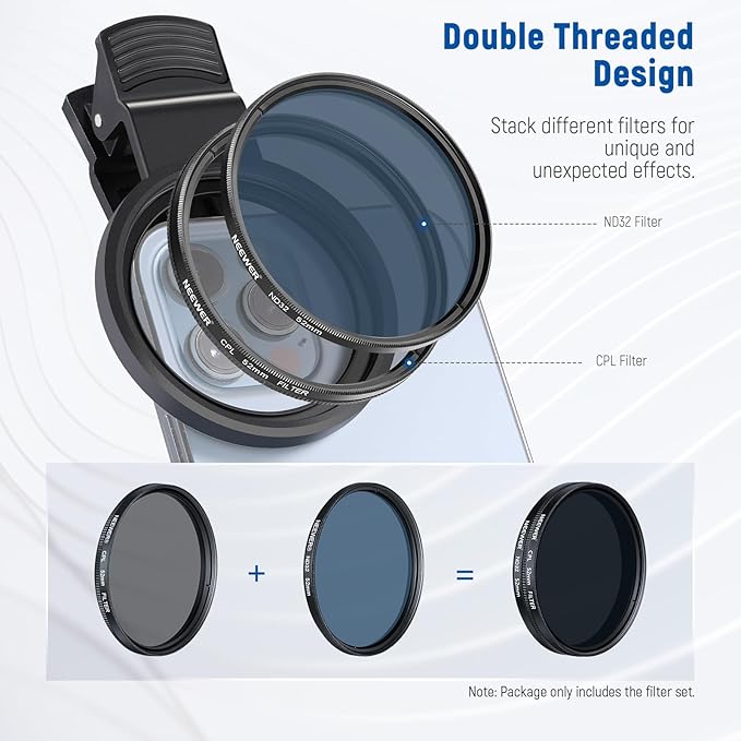 NEEWER 52mm 7 Pack ND Filter Set Compatible with iPhone, Clip On CPL+ ND32 + Starlight + GND (Red/Orange/Yellow/Blue) Phone Camera Lens Photography Accessories Kit