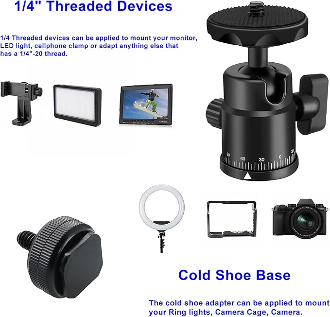 Universal 1/4" Swivel Mini Ball Head Screw Tripod Mount with Hot Shoe Mount, EszkozTA 360° Panoramic Rotating Mount Base Adapter for DSLR Cameras HTC Vive Tripods Monopods Light Stand
