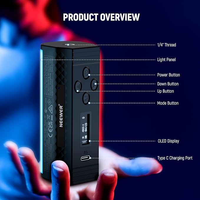 NEEWER Pro Magnetic Handheld Light Wand with APP DMX Control/Custom Effects/Light Group, 360° Full RGB, 2600mAh 2500~10000K Dimmable LED Lighting CRI97 17 Scenes for Video Recording Streaming, TL98C