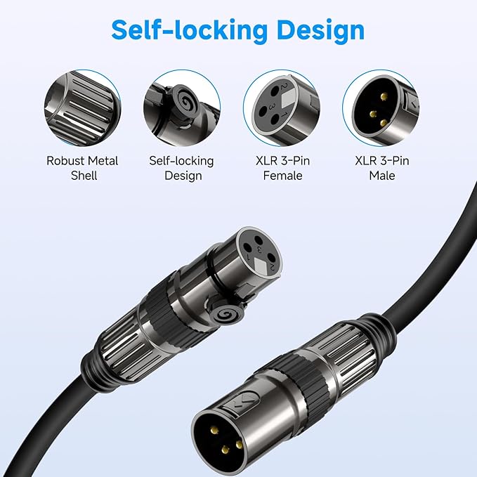 XLR Microphone Cables, 2 Pack 6 Feet Oxygen-Free Copper 3-Pin Male to Female Microphone Cable for Speaker, PA System, Podcast Audio Mixer, Studio Monitors, Audio Recording and More