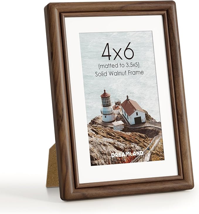 Dreamland 4x6 Picture Frame, Solid Walnut Wood 4x6 Photo Frame, 4 by 6 Wood Frames with Real Glass for Tabletop & Wall Display, 4x6 Frame Matted to 3.5x5