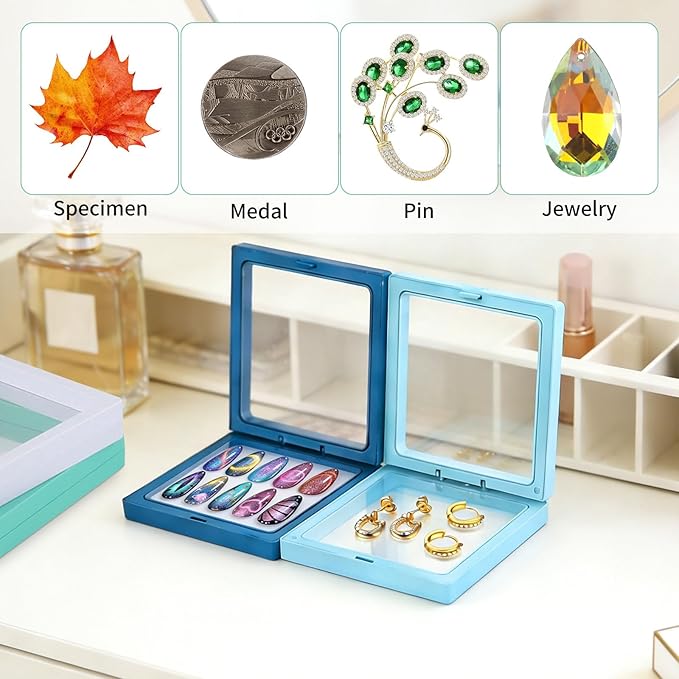 20 Pcs 3D Floating Display Case 4.3x4.3x0.8inch, Challenge Coin Display,Transparent PE Jewelry Storage Box,Floating Display Holder Stands for Antique Challenge Coins Medallion Stamps(Blue Green White)