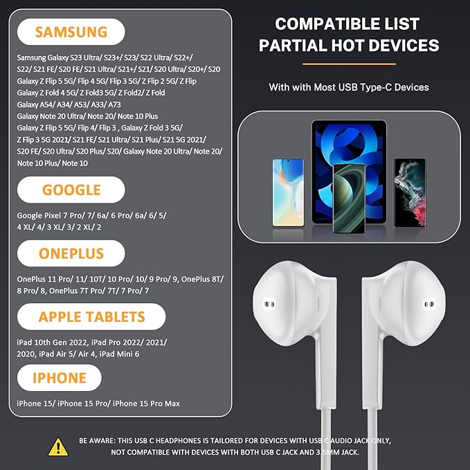 USB C Headphones Type C Earbuds for iPhone 17 Pro/ 17 Air 15/16 Pro/ 15 Pro Max,Microphone Noise Isolation Stereo Wired Earphones for Samsung Galaxy S26/S26+/S26 Ultra S25 S24 S23 S22 Pixel 9 8a