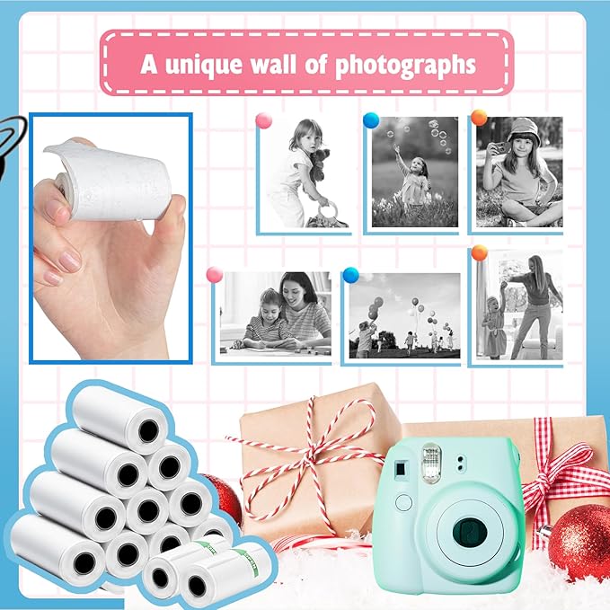 12 Rolls Mini Thermal Printer Sticker Paper, Kids Instant Camera Refill Print Paper, Atnadov HD Thermal Paper for Most Kids Instant Camera (White-12 Rolls Sticker Paper)