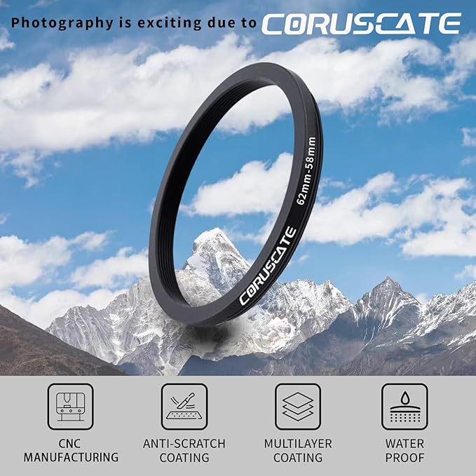 62mm to 58mm Camera Lens Adapter,Change The Filter or Lens Size from 62mm to 58mm.Compatible All 58mm Thread Filter Accessory+1pcs Lens Cleaning Cloth.