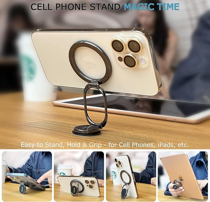 Magnetic Phone Ring Holder for Magsafe Phone Grip, Dual-Sided Magnetics Adjustable Gym Phone Holder Finger Kickstand for iPhone 17, 17 Air, 16, 15-12 Pro Max and Android Phone Cases (Gold)