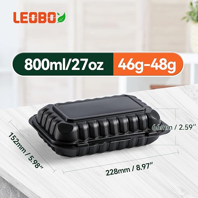 LEOBOX To Go Containers, BPA-Free Plastic Take Out Boxes with Lids 50-Pack 27oz Black MFPP Reusable Meal Prep Container for Food Storage, Hinged Clamshell Design for To-Go Lunch Salad Breakfast