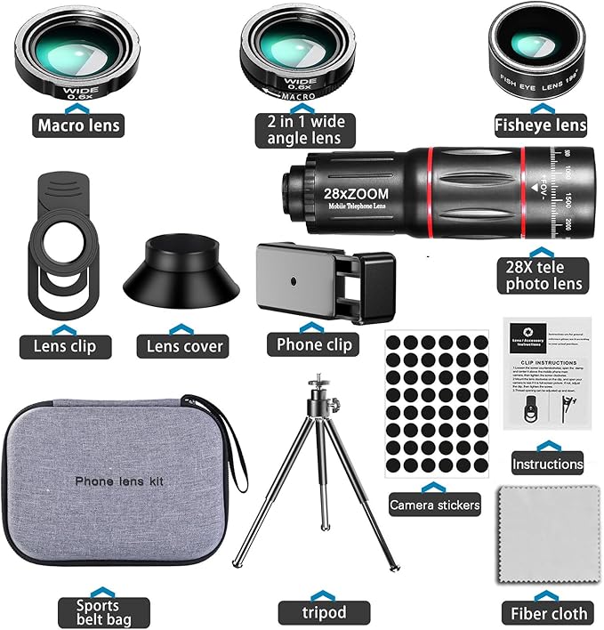 Phone Camera Lens Kit Upgraded Version Telephoto 28X Wide Angle 0.6X Macro 20X Fisheye 198° for Most