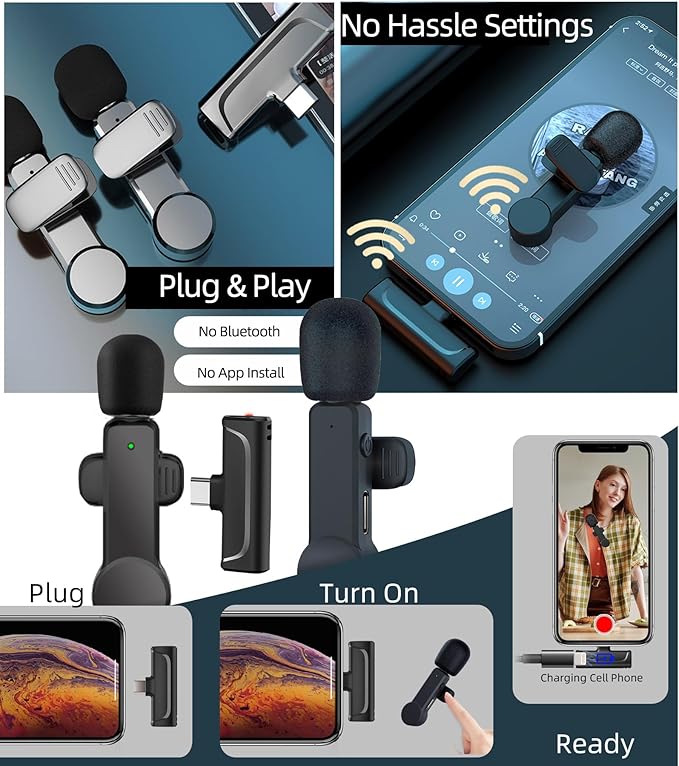 Wireless Microphone for iPhone and Android Phones - 2 Pack Cordless Lavalier Lapel Microphone Noise Canceling Lav Mic for Video Recording Vlog TikTok Instagram