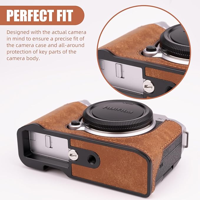 Uchandmade Handmade Genuine Leather Camera Half Case for Fujifilm X-M5/Fujifilm X-M5 Camera Case/Fujifilm X-M5 Case - Top Layer Cowhide Body + Metal Base Plate (Yellowish-Brown)