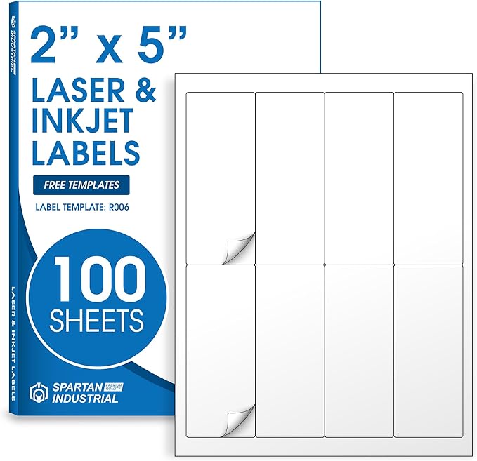 2" X 5" Matte White Printable Shipping Labels (100 Sheets, 800 Stickers) Address and Mailing Labels for Laser & Inkjet Printers - Spartan Industrial Template R006