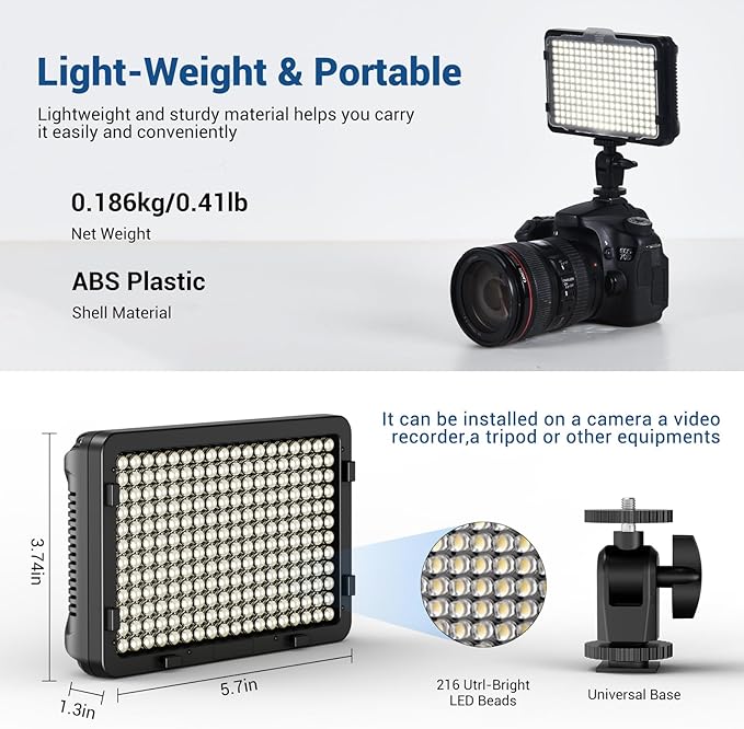 Tolifo PT-216S 13W LED Camera Light, Portable Photo Video Light CRI 95+ for DSLR Camera Camcorder/Photography Lighting/Video Recording, 2200mAh Battery Rechargeable, 5 Color Filters, Hot Shoe