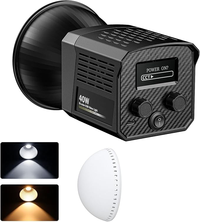 Portable 40W LED Video Light with 3400mAh Build-in Battery, COB Continuous Output Lighting Handheld Spotlight 2500K-6500K for Video 12000 LUM(0.5M)