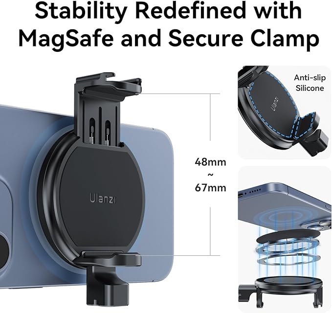 ULANZI MG10 Magnetic Phone Holder with SSD Holder Clamp for Tripods,Compatible with MagSafe for iPhone 16/15/14/13/12 Pro Max Pro Plus Mini All Series with Cold Shoe and 1/4" Thread Mount