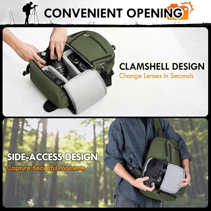 RAINSMORE Camera Bag, DSLR & Mirrorless Camera Sling Bag for Photographers Waterproof Small Camera Crossbody Case with Removable Padded Insert & Tripod Holder for Canon/Nikon/Sony/Fuji, Army Green