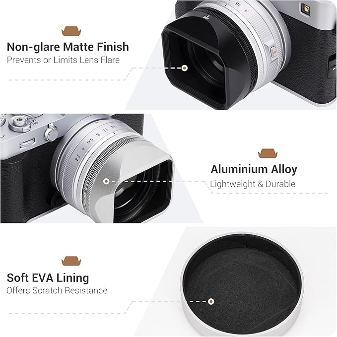 Metal Square Lens Hood Shade with Hood Cap & Adapter Ring, for Fuji Fujifilm XF 23mm F2.8 R WR On X-E5 XE5 Camera, Lens Cover Protector for XF 27mm F2.8 R WR,Replaces LH-XF27(NOT for TTArtisan)-Silver