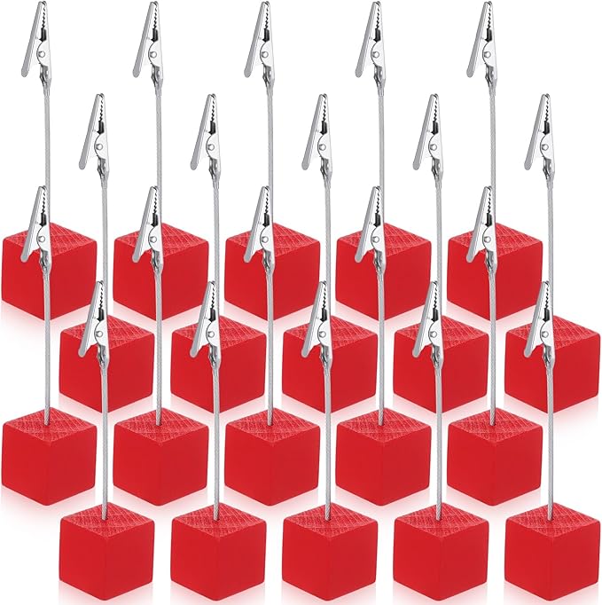 Gersoniel 20 Pcs Cube Base Memo Clip Holder with Alligator Clip Wood Table Number Holder Cube Base Place Card Stand Mini Photo Menu Stand for Displaying Number Card (Red)