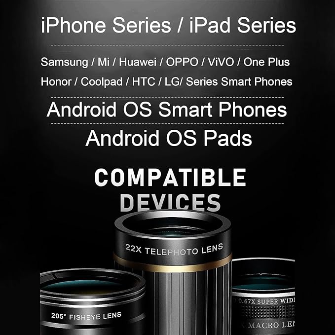 Updated COSULAN 4-in-1 Phone Camera Lens Kit, Come with 22X Telephoto Lens, 205° Fisheye Lens, 4K 0.67X Wide Angle Lens, 25X Macro Lens, Clip, and Phone Mini Tripod for iPhone and Android Phone Series