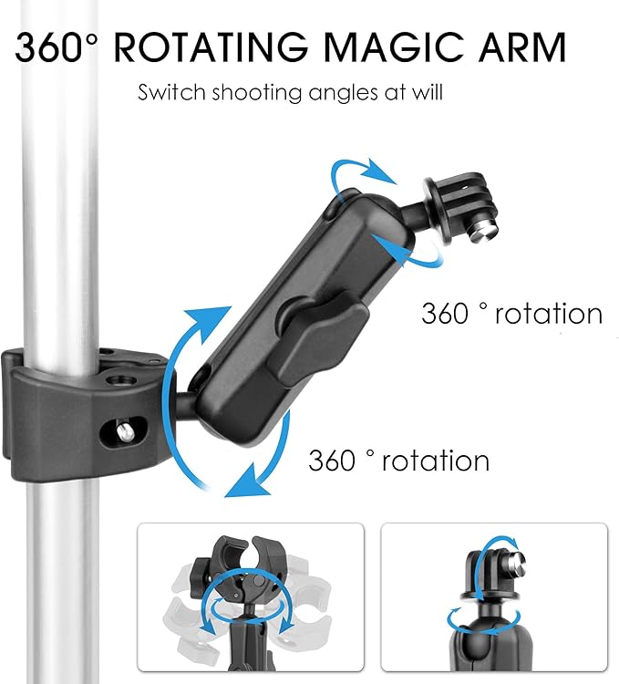 Super Clamp Camera Mount with 360° Ball Head & Phone Holder, Aluminum Magic Arm Camera Clamp Mount for GoPro/Insta360/DJI OSMO/AKASO/DSLR/Smartphone