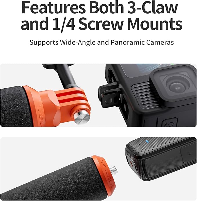 Floating Hand Grip for Insta360/DJI/GoPro Action Cameras with Adjustable Wrist Strap, 3-Claw & 1/4" Screw Mounts, Bright Orange Float