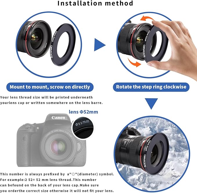 52mm to 62mm Camera Lens Adapter,Change The Filter or Lens Size from 52mm to 62mm.Compatible All 62mm Thread Filter Accessory+1pcs Lens Cleaning Cloth.