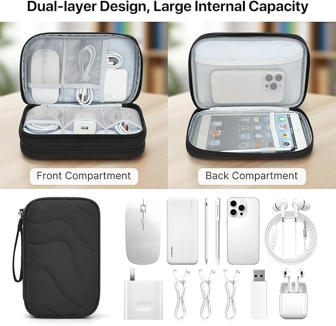 Skycase Tech Pouch - Lightweight Electronics Organizer Travel Case, Double Layers Cable Organizer, All-in-One Storage Bag for Charger, Cord, Phone, Flash Drive, Accessories