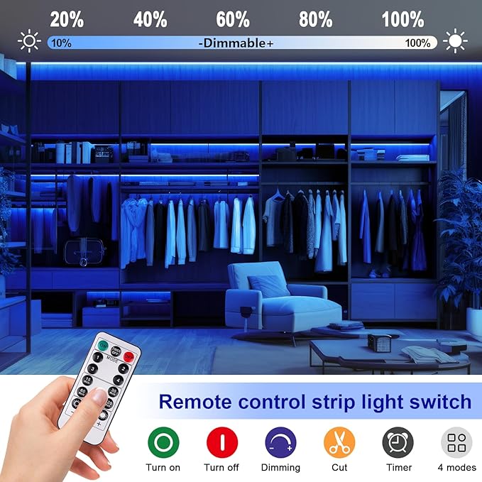 Blue COB LED Strip Lights Battery Powered with Remote, 6.56FT 640LED Light Strip Dimmable Cuttable Flexible Wireless LED Tape Light for DIY Display, Back Light Design, Kitchen, Boat, Car Decoration