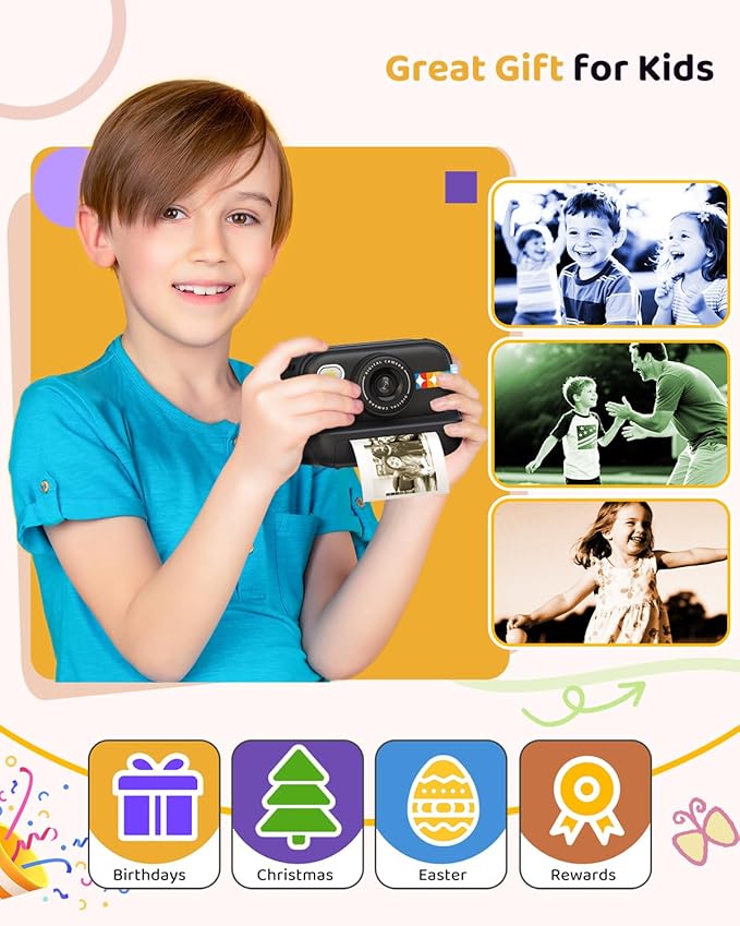 Kids Color Instant Print Camera – Kids Camera with 5 Color Photo Paper, 48MP & 1080P Video, 21 Fun Frames, 32G Card, Christmas/Birthday Gifts for Girls and Boys Ages 3 4 5 6 7 8 9 10 11 12 - Black