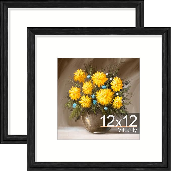 Vittanly 12x12 Picture Frames Set of 2, Ornate Vintage Photo Frame for Wall or Tabletop, Display 8x8 Pictures with Mat or 12x12 without Mat, Vintage Black