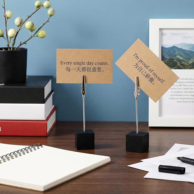 Gersoniel 100 Pcs Cube Base Memo Clip Holder with Alligator Clip Wood Table Number Holder Cube Base Place Card Stand Mini Photo Menu Stand for Displaying Number Card (Black)