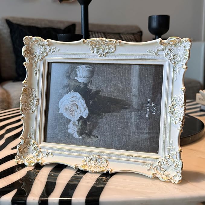 CISOO 5x7 Vintage Picture Frame Antique Ornate White with Gold Photo Frame, for Table Top and Wall Display, Decorative Floral Design Retro Home Decor, Photo Gallery Art